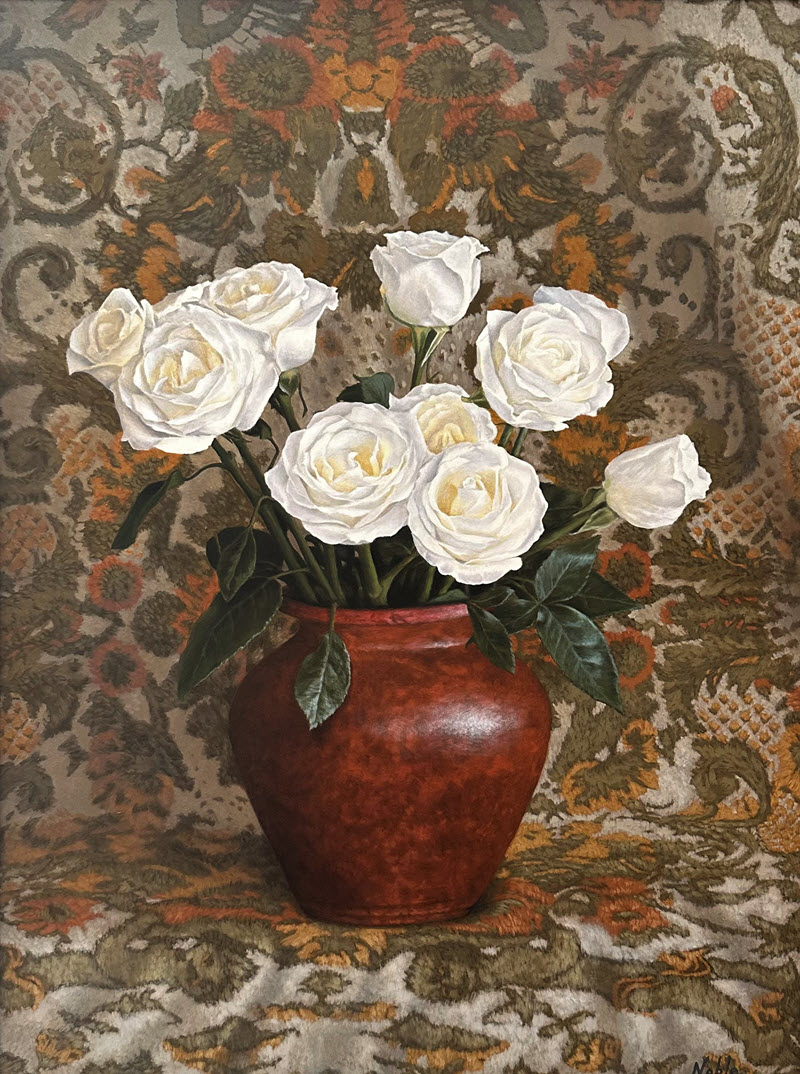 White Roses with Tapestry, an oil painting by Ed Noble